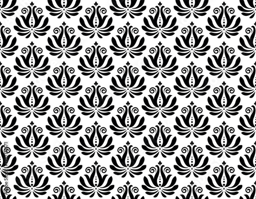 Flower geometric pattern. Seamless vector background. White and black ornament. Ornament for fabric, wallpaper, packaging. Decorative print.