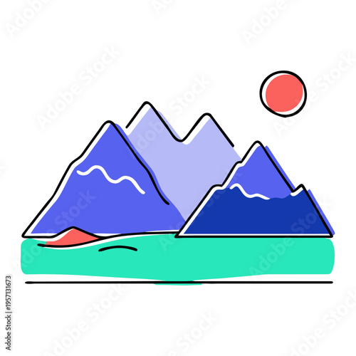 A winter mountain landscape vector illustration featuring a snow peak silhouette and a sunset sky icon for travel logo design