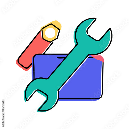 A professional 3D vector illustration set featuring a man holding a wrench and screwdriver as a repair service icon and construction tool symbol for web design and business support equipment