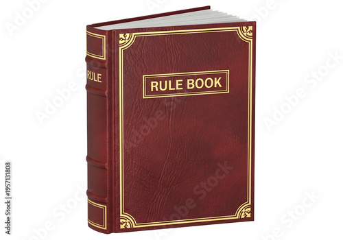 Red leather bound rule book with gold trim and golden text