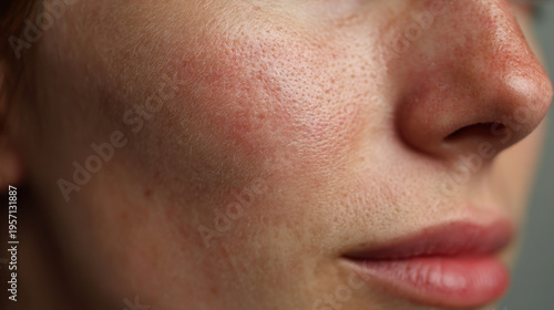 Closeup of female cheek with mild redness and healing dermatitis showing textured skin, visible pores, and facial irritation in soft light