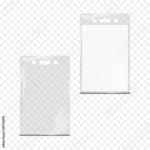 Clear plastic vertical badge holder. Empty and with paper ID name card inside. Realistic 3d vector mock-up. Transparent PVC sleeve envelope with hanging slot. Mockup. Template for design