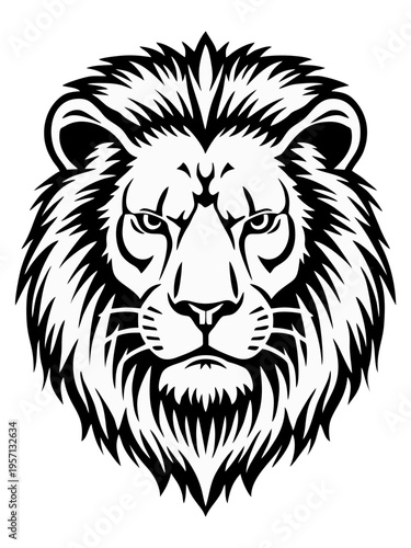 Black and White Illustration of a Fierce Lion Head Tribe