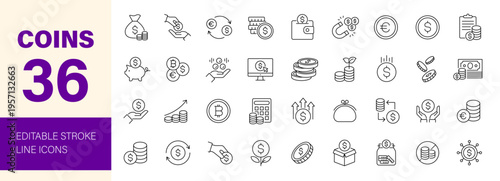 Coins icon set. Editable line icons. Vector illustration.