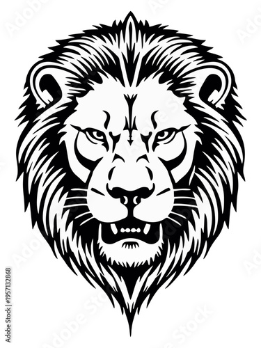 Black and White Illustration of a Fierce Lion Head Tribe