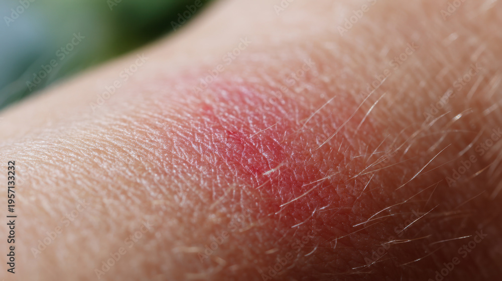 Fototapeta premium Macro view of localized red swelling on skin, suggesting mild irritation or insect bite with visible inflammation and texture