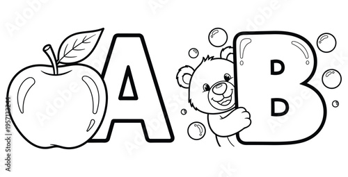 Adorable black and white coloring page featuring the letters a and b alongside an apple and a cute cartoon bear surrounded by bubbles for early childhood education