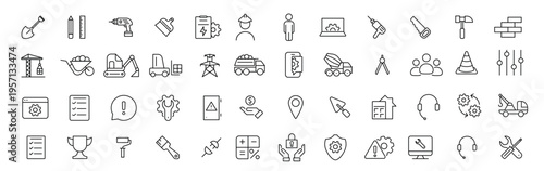 Construction editable stroke outline icons set. Construction, renovation architecture, engineer, building, blueprint and home repair tools. Vector illustration