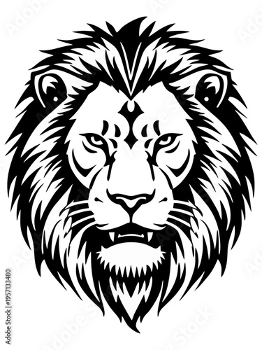 Black and White Illustration of a Fierce Lion Head Tribe