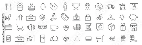 Set of travel, shopping and location line icons. Includes map, pin, navigation, suitcase, shopping bag, store, payment and tourism elements. Perfect for apps, websites, booking services and e commerce