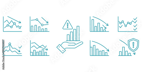 Collection of teal line graph and bar chart icons illustrating concepts of financial decline market volatility risk assessment and data protection measures