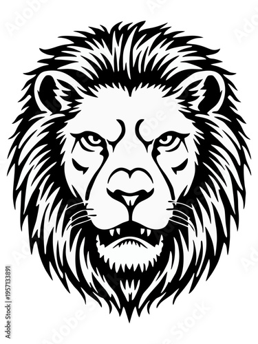 Black and White Illustration of a Fierce Lion Head Tribe