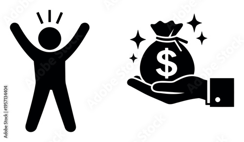 Happy person icon raising arms next to a hand holding a money bag with a dollar sign, representing financial gain and celebration