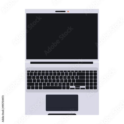 Portable notebook computer with a blank black digital display screen and keyboard sits open as a modern mobile business technology device