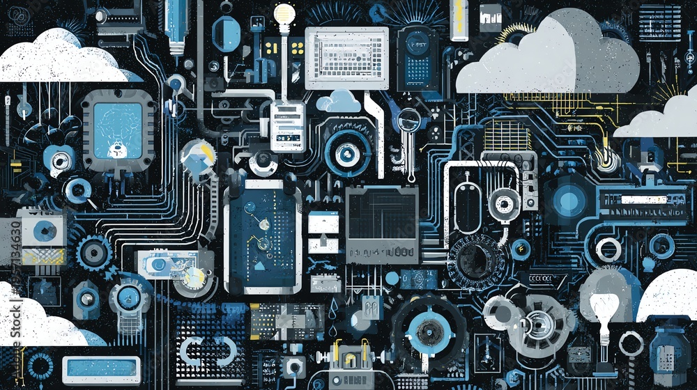 Fototapeta premium An intricate collage showcasing modern technology elements including circuits, devices, and cloud imagery
