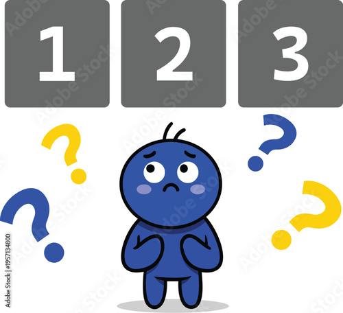 A blue cartoon character with question marks and numbers isolated on transparent background