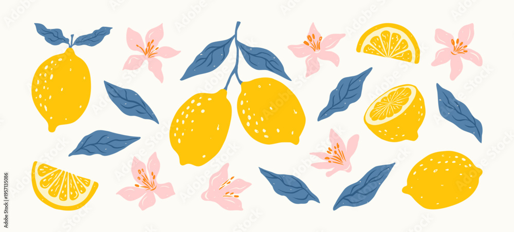 Fototapeta premium Hand drawn lemon citrus fruits with leaves and flowers in blue and yellow colors. Italian style. Summer Amalfi design for pattern, poster, card, cover. Vector mediterranean botanical illustration.