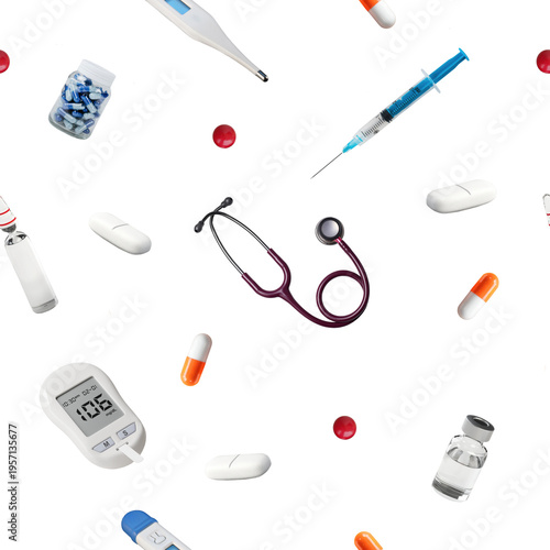 Syringe, stethoscope, pills, thermometer and medical tools healthcare seamless pattern background