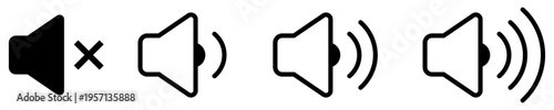 Set of black speaker icons representing different sound levels and a mute mode with a cross symbol. Vector illustration.