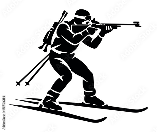 Biathlete standing on skis, aiming a rifle, skis attached and poles on back, depicting winter sports and competition
