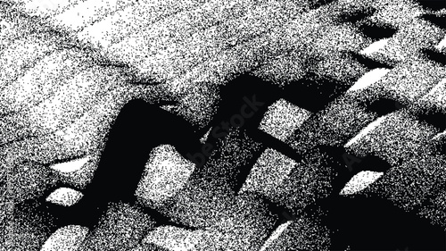 A highcontrast, grainy black and white image featuring a dark, angular, swastikalike shape cast as a shadow on a textured surface
