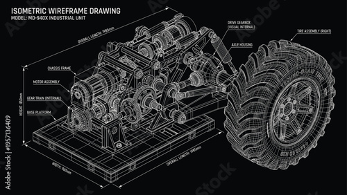 Isometric Wireframe Technical Drawing of Industrial Motor Unit Featuring Detailed Chassis Frame Gearbox and Large Tire Assembly