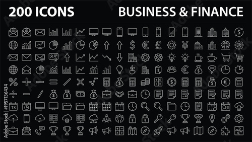 Mega Collection of Two Hundred Business and Finance Line Icons for Corporate Presentation and Professional Web Interface Designs