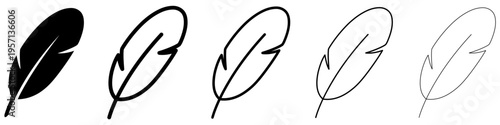 Set of black feathers in various styles: from solid silhouette to thin outline, isolated on a white background. Vector illustration.