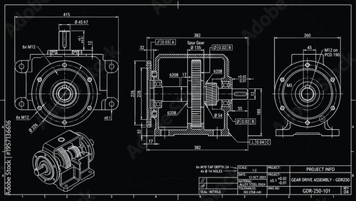 Professional Gear Drive Assembly Engineering Blueprint Featuring Detailed Spur Gear Sectional View And Technical Dimensional Specifications Layout