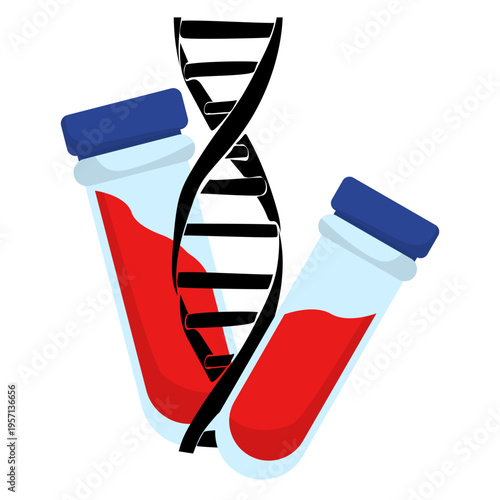 Vector illustration of laboratory blood tests and DNA analysis, Features glass test tubes with red blood samples entwined with a black DNA double helix