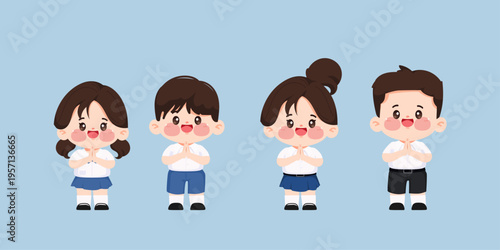 Cute cartoon thai student namaste greeting in the school uniform.