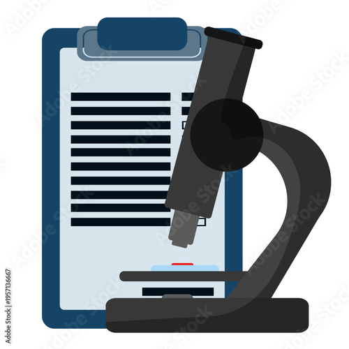 Vector illustration of a laboratory microscope and a medical clipboard with research data, Flat style graphic representing microbiology, clinical analysis, and scientific investigation in a lab
