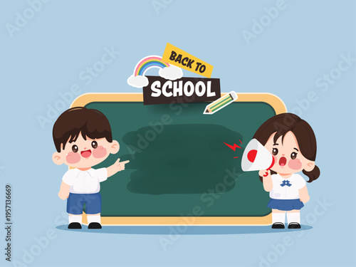 Cute cartoon student back to school concept with blackboard background.