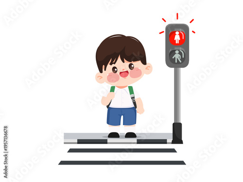 Cute cartoon children standing at the crosswalk by color traffic light.