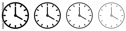 Set of clock icons showing four o'clock, made with lines of different thicknesses, isolated on a white background. Vector illustration.