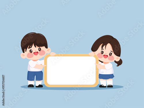 Cute cartoon student back to school concept with whiteboard background.