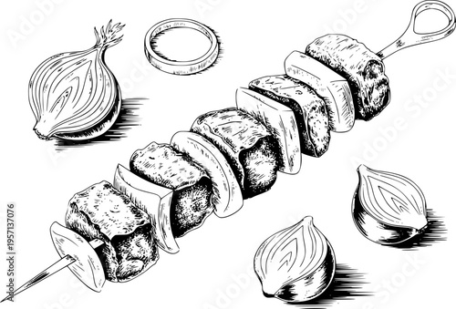 Hand drawn black and white of meat and onion shish kebab skewer with whole and halved onions