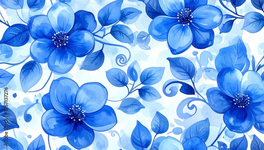 Fototapeta premium Watercolor, flower, seamless, background, hand-painted, abstract, botanical, illustrations, pattern, blue, leaves, design, art, texture, nature, decoration, floral, seamless, artistic, colorful, creat