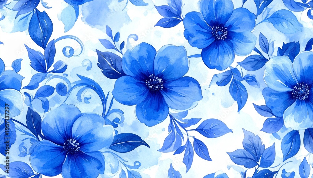 Fototapeta premium Watercolor, flower, seamless, background, hand-painted, abstract, botanical, illustrations, pattern, blue, leaves, design, art, texture, nature, decoration, floral, seamless, artistic, colorful, creat