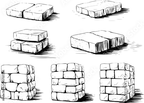 Hand drawn black and white of stacked stone blocks and ice floes white background