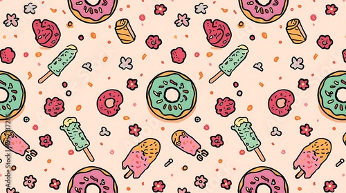 Seamless cute cartoon Easter pattern featuring a vector illustration set of colorful eggs and spring floral ornaments for vintage fabric wallpaper decoration