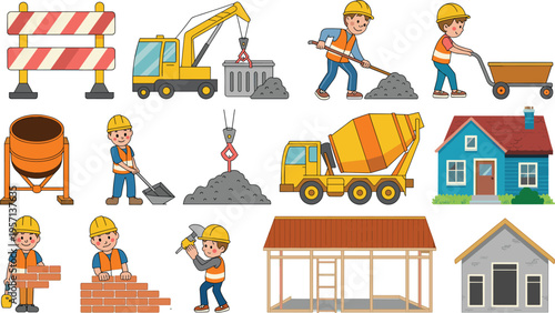 Construction workers and machinery set with crane mixer truck bricklayer house building tools safety equipment flat vector illustration icons