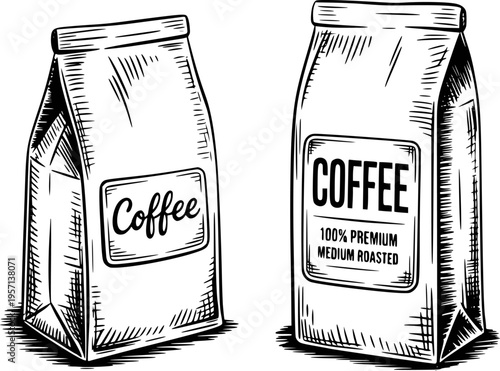 Hand drawn coffee bags with labels a white background packaging food