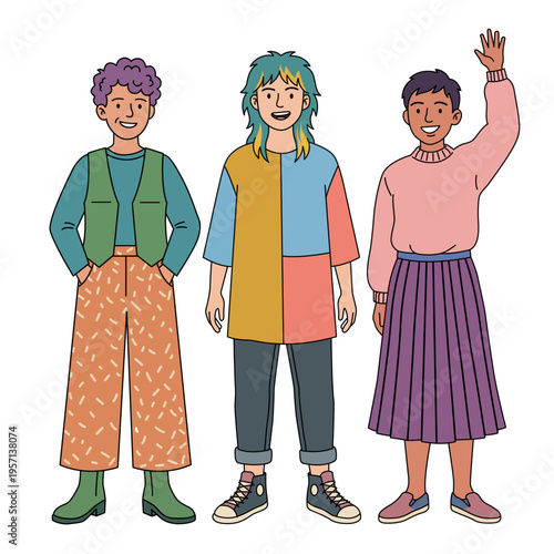 Three diverse smiling gender fluid people standing together in colorful casual retro clothing