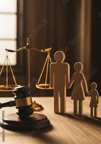 Wooden family figures scales of justice gavel family law