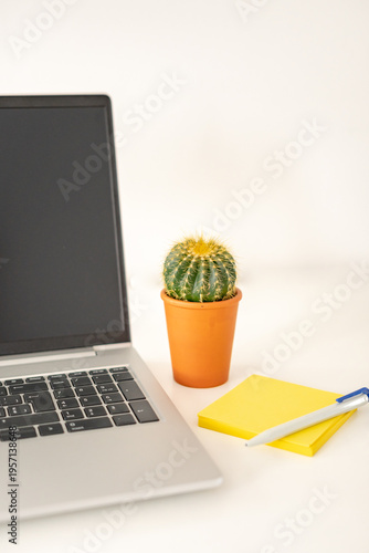 Remot arbeiten  - Computer an auf einem weissen Schreibtisch mit blumen und Notizpapier