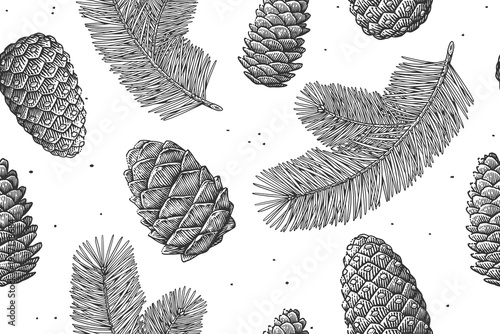 Seamless pattern of pinecones and fir branches in vintage engraving style. Perfect for holiday packaging, textiles, wallpapers, greeting cards, and nature-inspired designs.