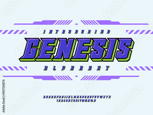 Vector of stylized modern display alphabet design with uppercase, numbers and symbols