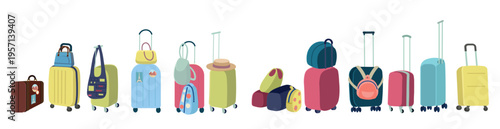 Various suitcases and travel bags neatly arranged in a row, isolated on a white background.