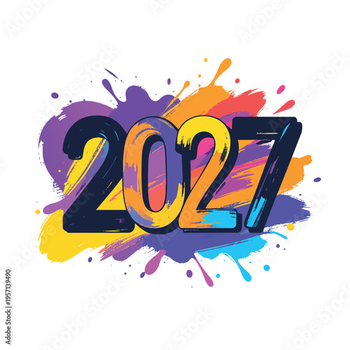 Visualizing the Future: A vibrant graphic design that boldly displays the year 2027 against a backdrop of colorful splatters and artistic brushstrokes. 